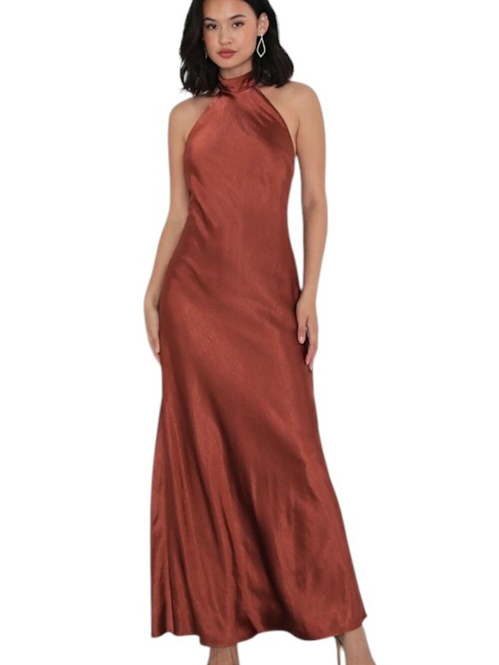 Lulus Brown Satin Halter Maxi Dress Size Small NWT Wedding Guest Dress